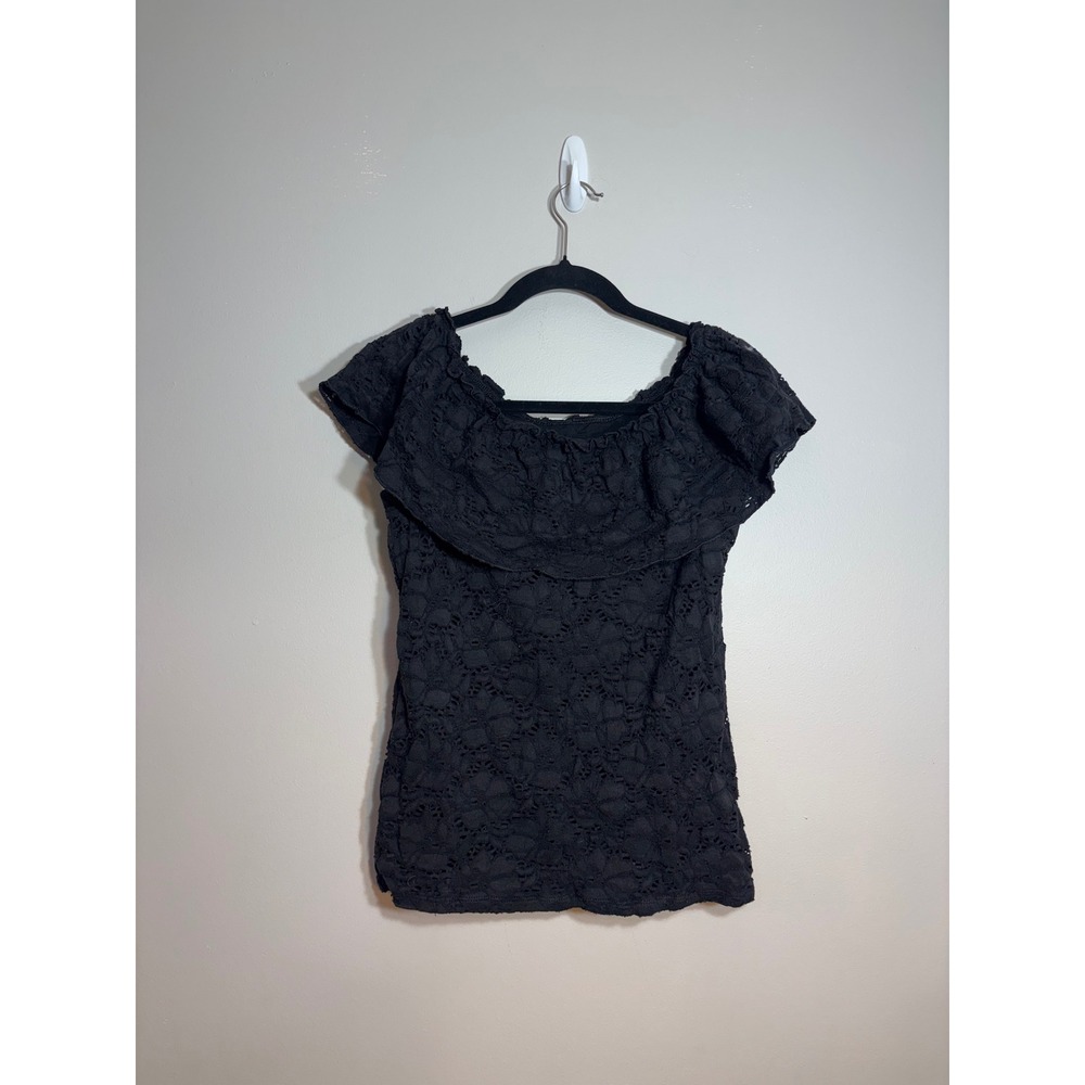 Acorn Womens Black‎ Lace Off The Shoulder Ruffle Blouse Short Sleeve Top Floral